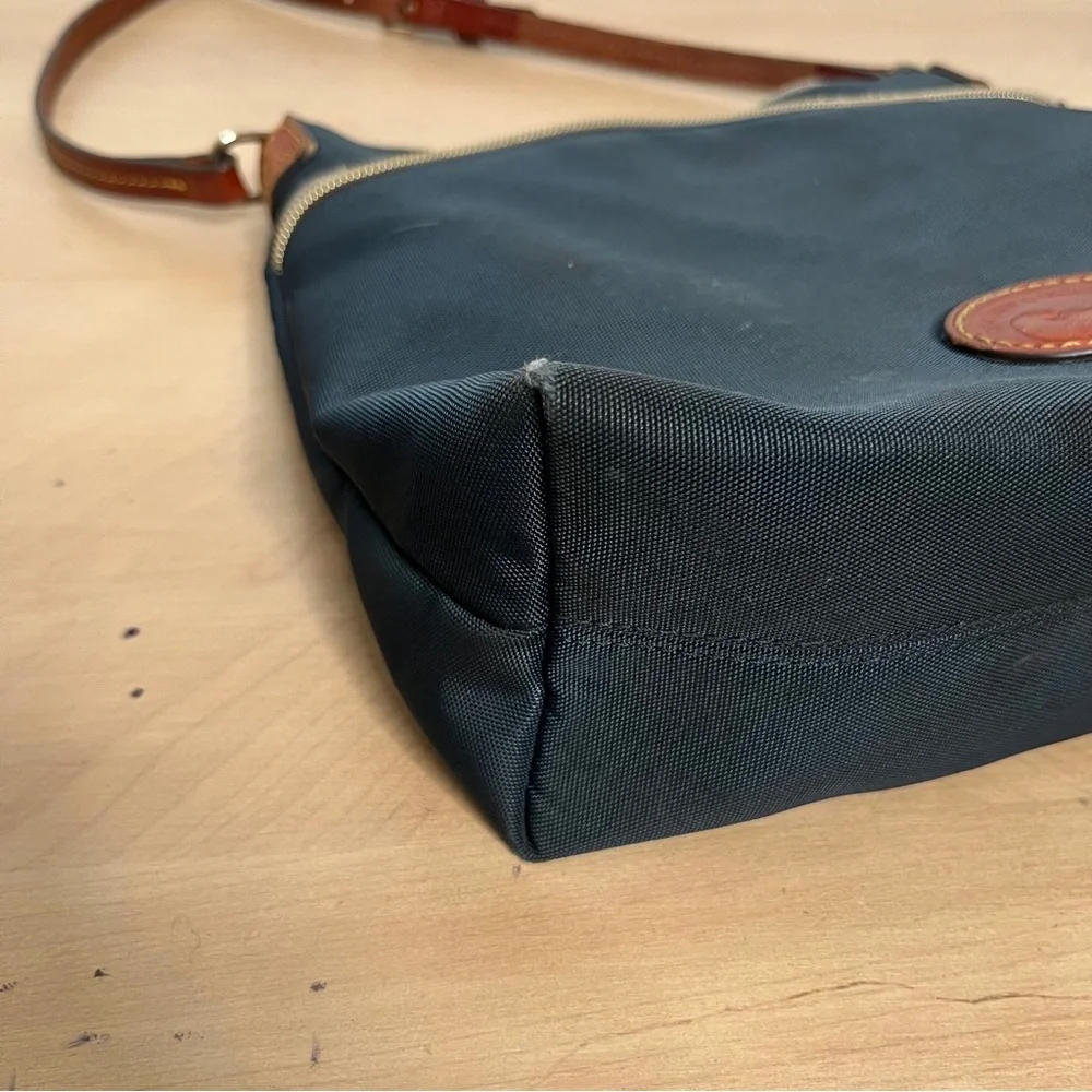 Dooney & Burke Blue Nylon Crossbody Bag with Brown Leather Details Zip Closure